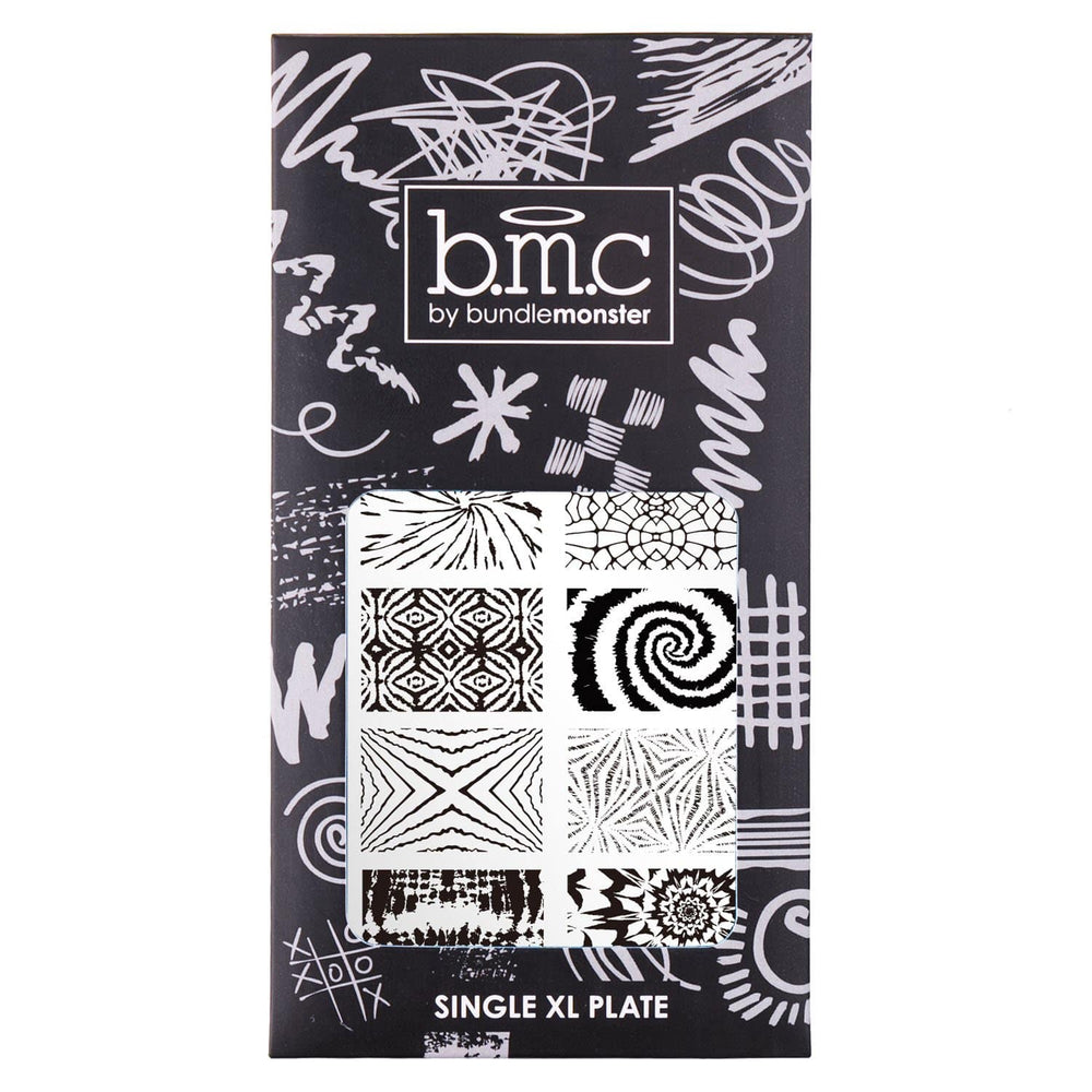 A nail stamping plate with 10 groovy tie dye patterns made for layering in any funky fashion including daisies, cacti, and peace symbols design by Maniology (BM-XL456).