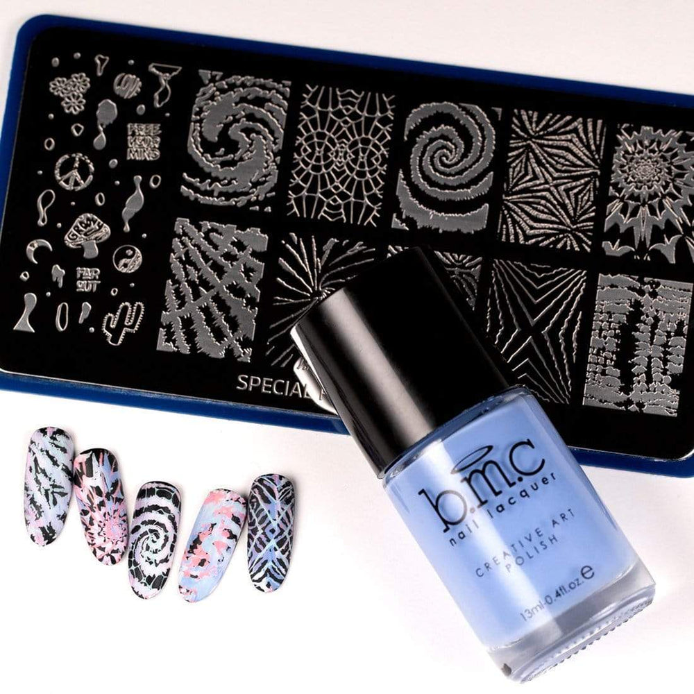  A nail stamping plate with manicured nail art tips and polish by Maniology (BM-XL456).