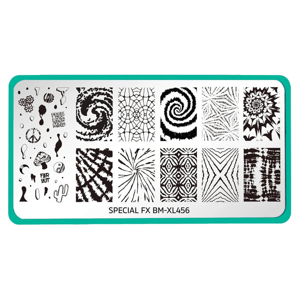 A nail stamping plate with 10 groovy tie dye patterns made for layering in any funky fashion including daisies, cacti, and peace symbols design by Maniology (BM-XL456).