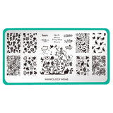  A nail stamping plate featuring a variety of full nail, accent, and buffet-style designs for St. Patrick's Day, Mothers' Day, Easter with lovers, bunnies, tulips, and rain clouds  design by Maniology (m048).