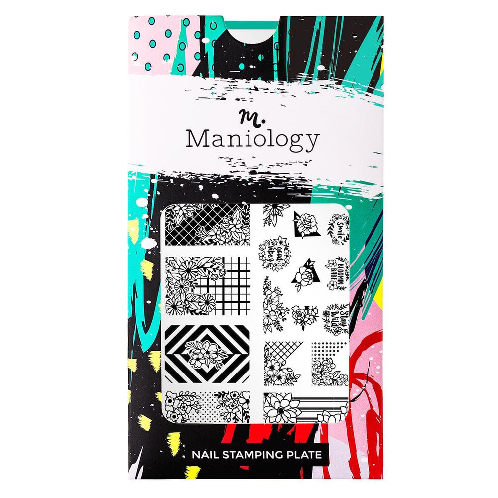 A nail stamping plate with a variety of patterns like gingham, polka dots, and plaid accented by beautiful, and blooming flowers by Maniology Petal Pusher (M118).