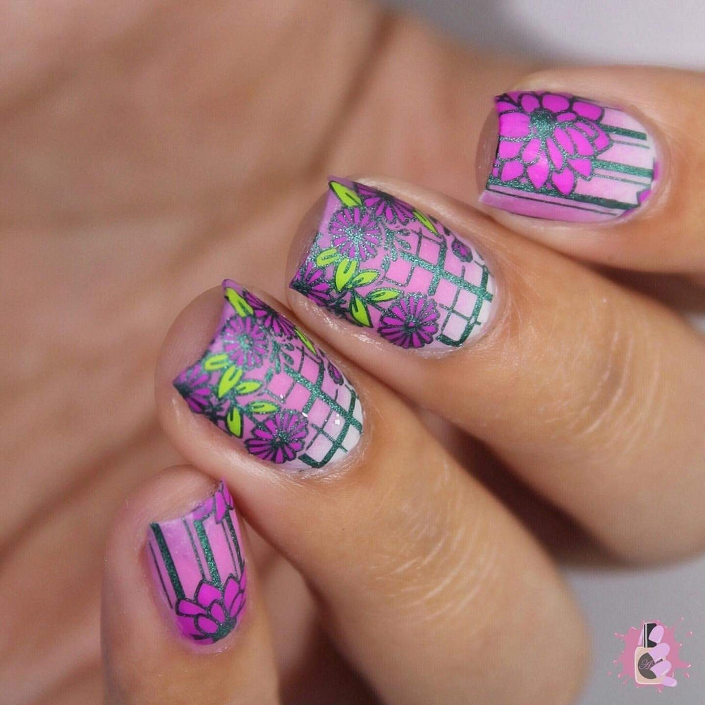 A manicured hand in purple with blooming flowers design from Spring Occasions collections by Maniology (m118)