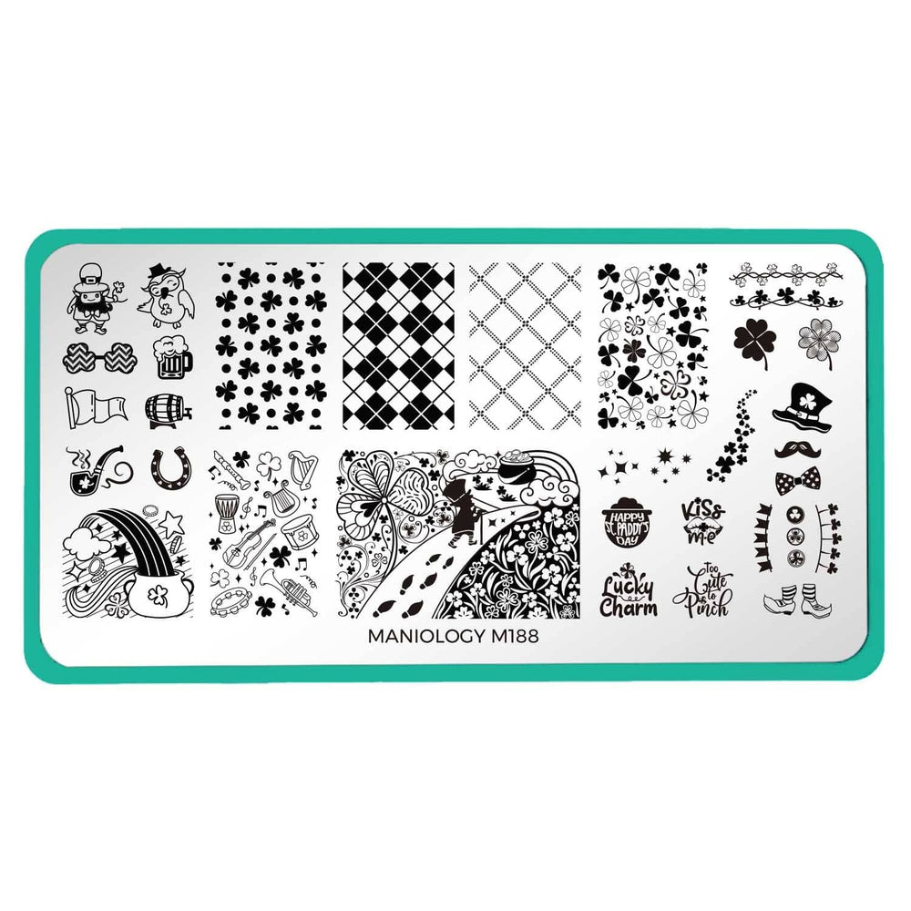 A nail stamping plate with plenty of pints and clovers all over and tons of St. Patrick's Day fun by Maniology (m188). 