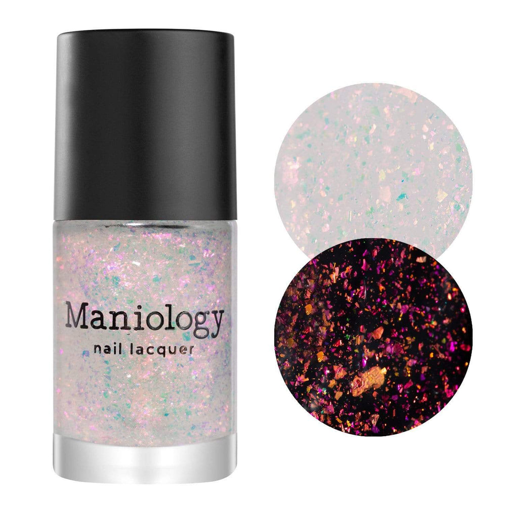 A Sugar Speed Dry Top Coat featuring a pink & orange iridescent flakes by Maniology.
