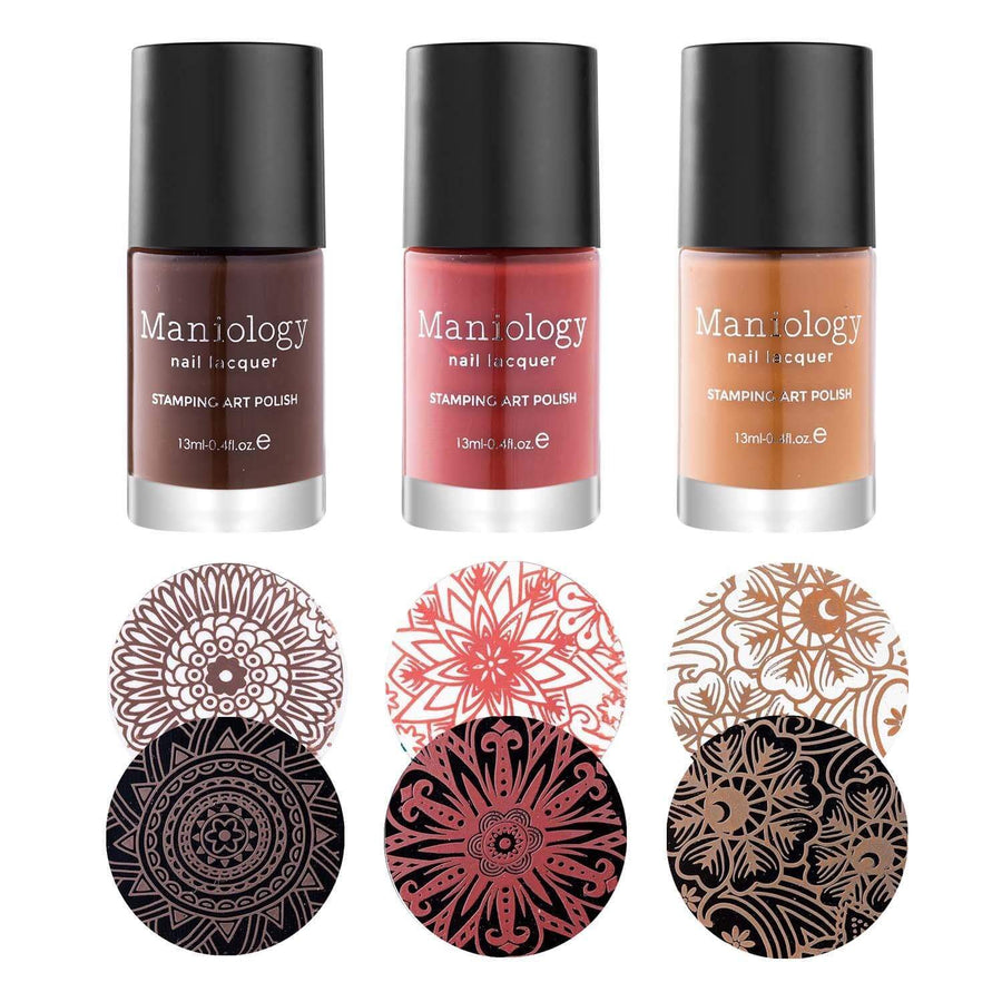A 3-piece cream stamping polish includes a trio of warm, comforting fall-inspired colors by Maniology Sugar + Spice.