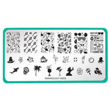 A nail stamping plate with tropical treats, palm trees, and beach inspired images by Maniology (m215).