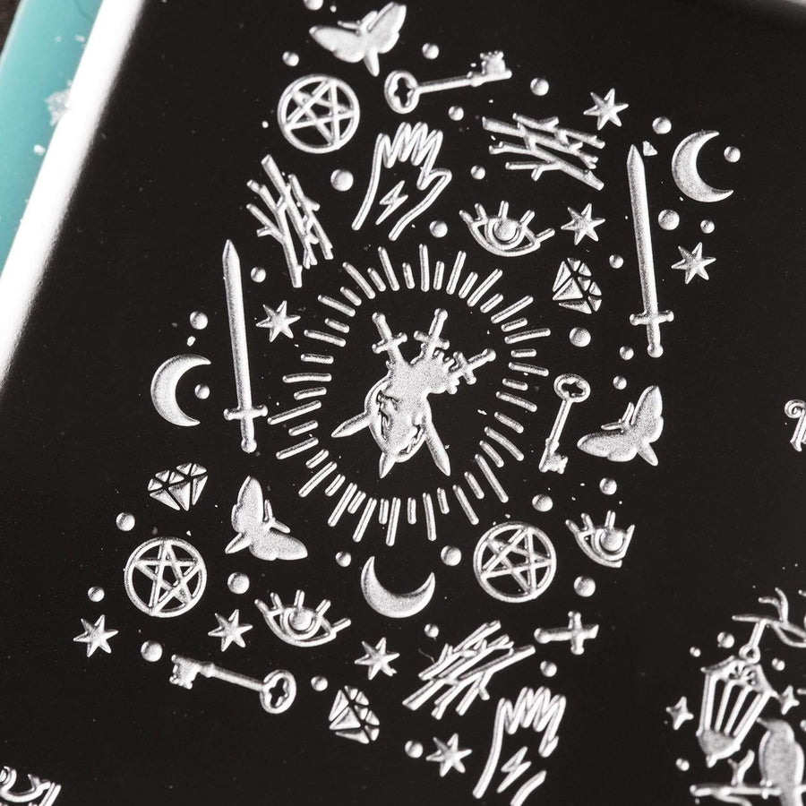 A nail stamping plate with a deck of 22 major arcana, tarot card frames, and mystical designs by Maniology (m072).