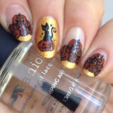 A manicured hand with spooky pumpkins and cat designs holding a polish by Maniology.