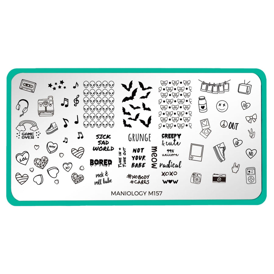 A nail stamping plate with retro cameras, aliens, bats, and candy hearts designs from our Teenage Dream XL collection by Maniology Not Your Babe (m157).