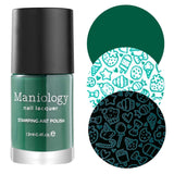 A Deep Emerald Green Cream Stamping Polish inspired by the aforenamed silky green copper mineral from The Gardener collection Malachite (B244) by Maniology.