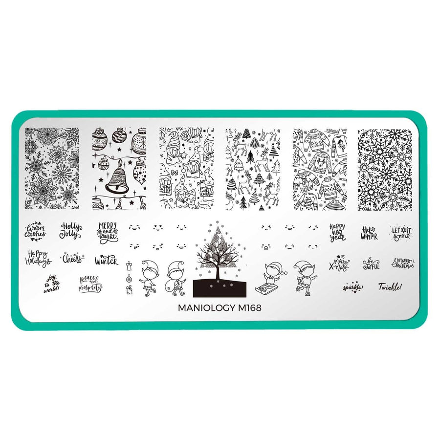 A nail stamping plate with cute, holiday and layered elf designs by Maniology (m168).