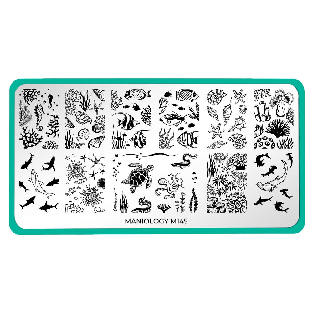 A nail stamping plate with sharks, coral, honu, eel and inspired by all of our fishy friends living in our Hawaiian waters by Maniology Coral Reef (m145).