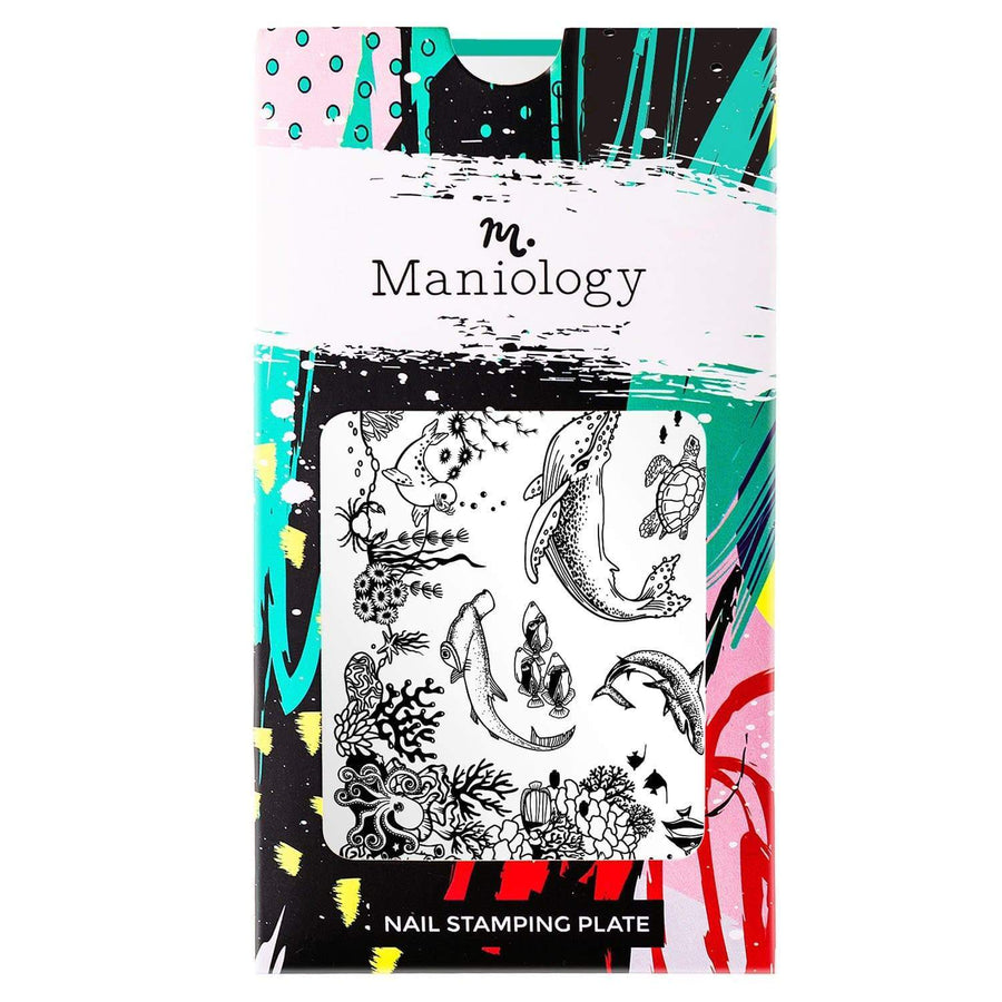 A nail stamping plate with whales, sharks, coral reef, manta ray, and tons of tropical fish inspired by all of our marine friends living in the Hawaiian waters by Maniology Dive In (m146).