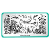 A nail stamping plate with whales, sharks, coral reef, manta ray, and tons of tropical fish inspired by all of our marine friends living in the Hawaiian waters by Maniology Dive In (m146).
