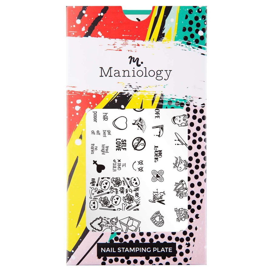 A nail stamping plate with customizable candy hearts, skulls, and love letters designs by Maniology Love Bites (m180).