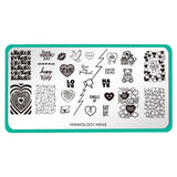 A nail stamping plate with a variety of anti-valentine's day designs including doves, kisses, and happy hearts.