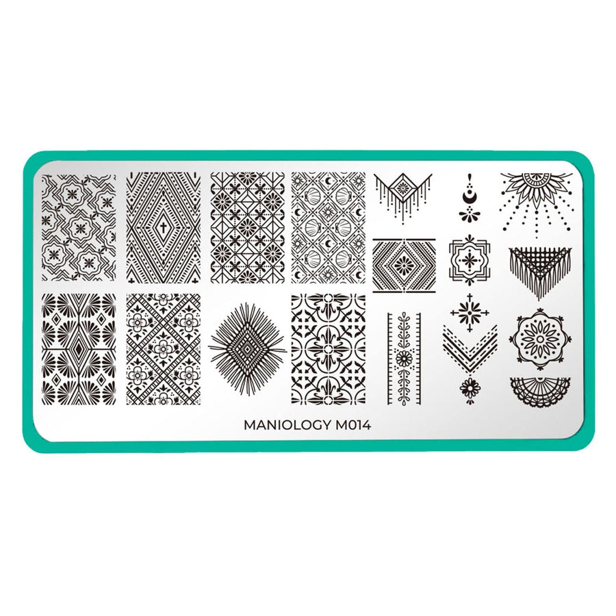 A nail stamping plate with Bohemian fringes and Moroccan mosaics designs by Maniology's Best Fringe Forever (m014).
