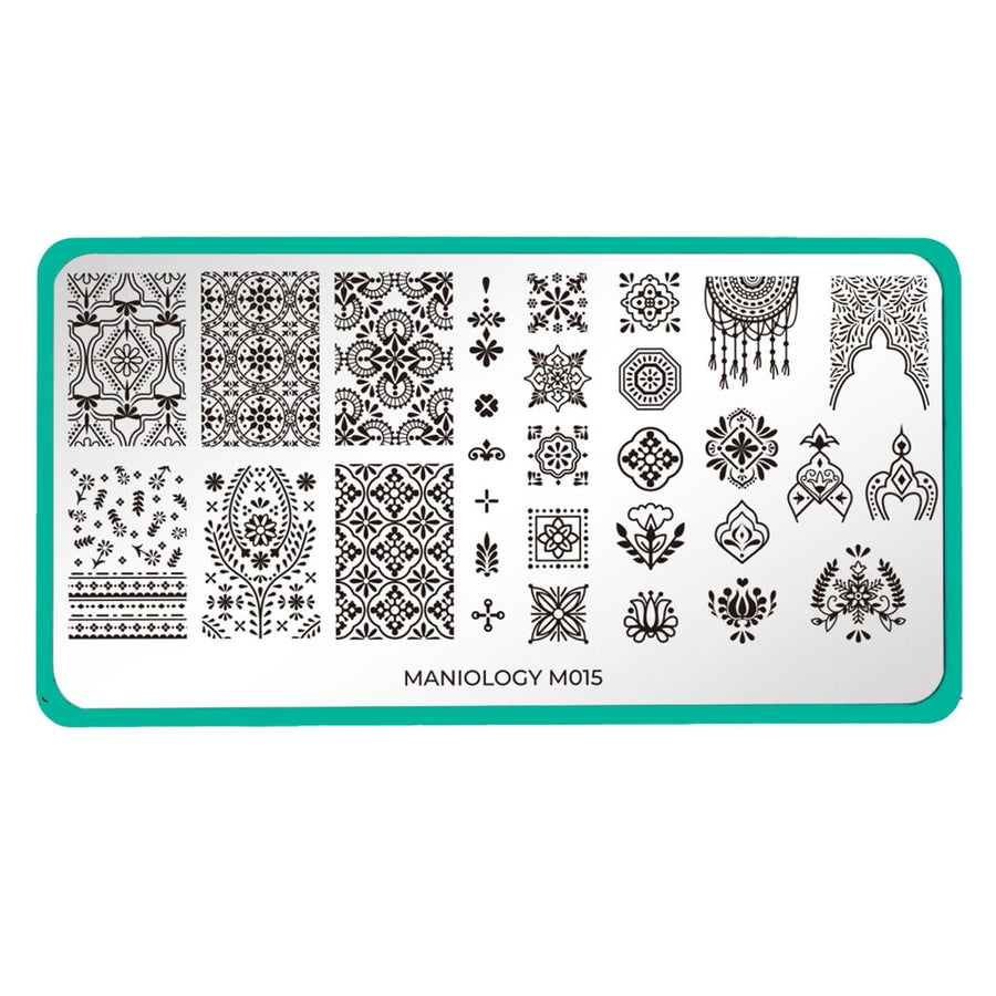 A nail stamping plate with geometric mosaic patterns, accent tile designs, and fun fringes designs by Maniology (m015).