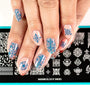 A manicured hand with stamping plate m015 designs.