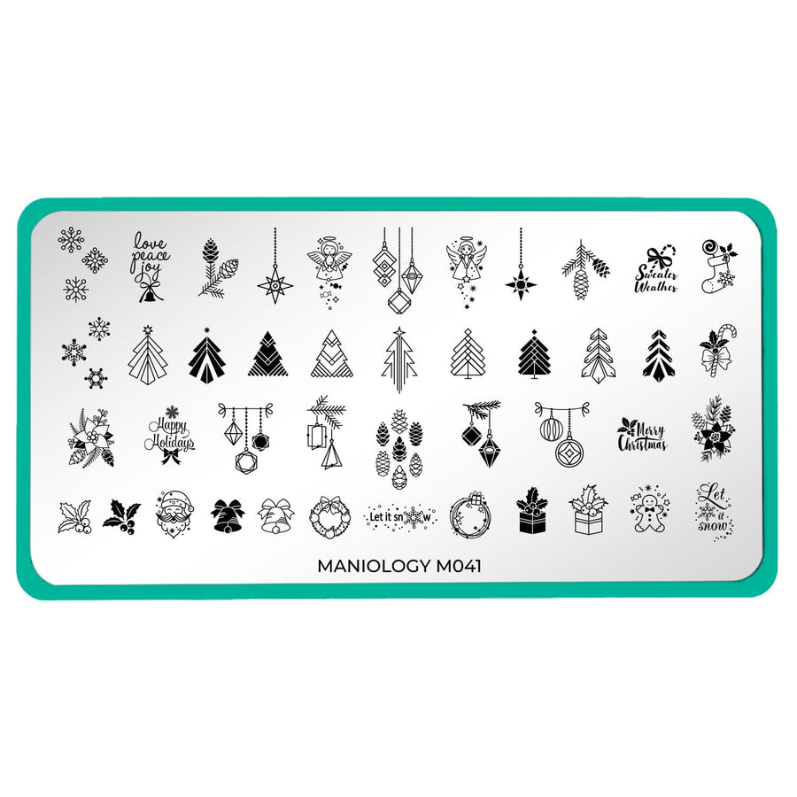 A nail stamping plate with a variety of layered Christmas trees, acorns, snowflakes designs by Maniology (m041).