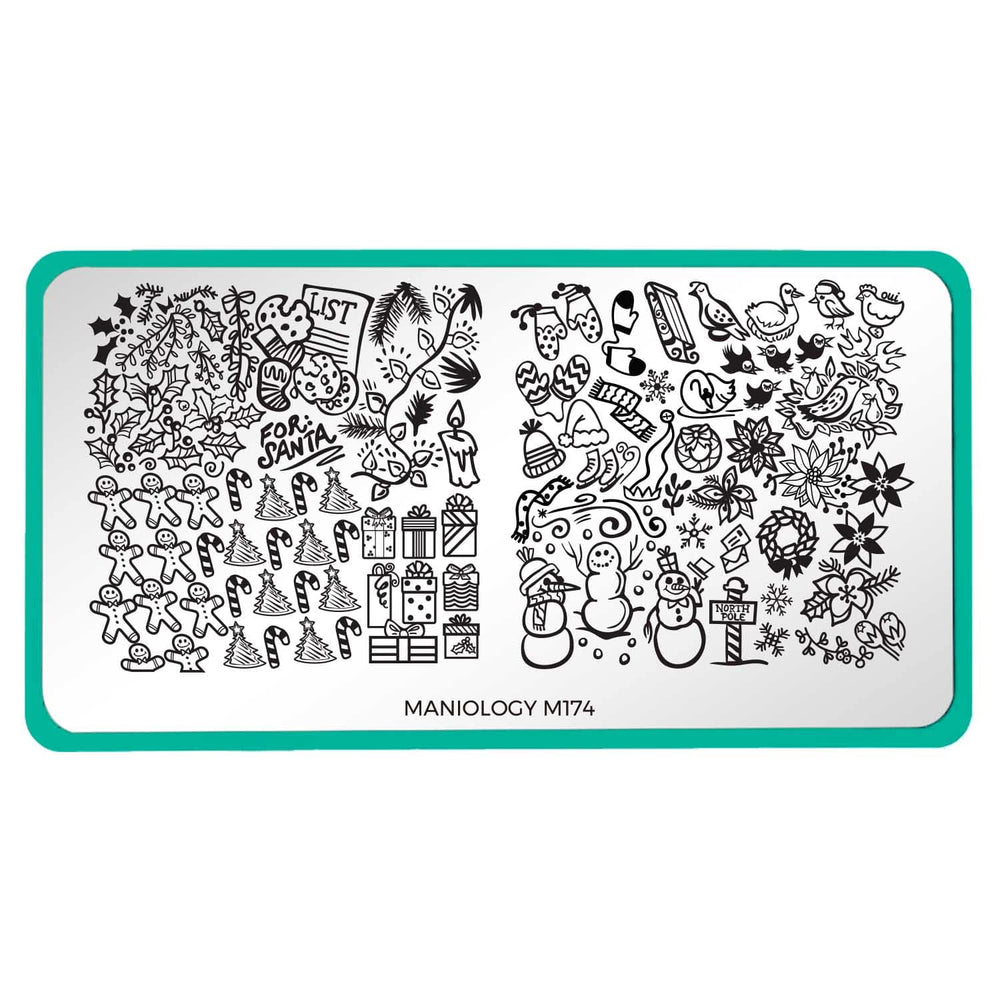 A nail stamping plate with gingerbread cookies, Christmas trees, snowmen and more designs by Maniology (m174).