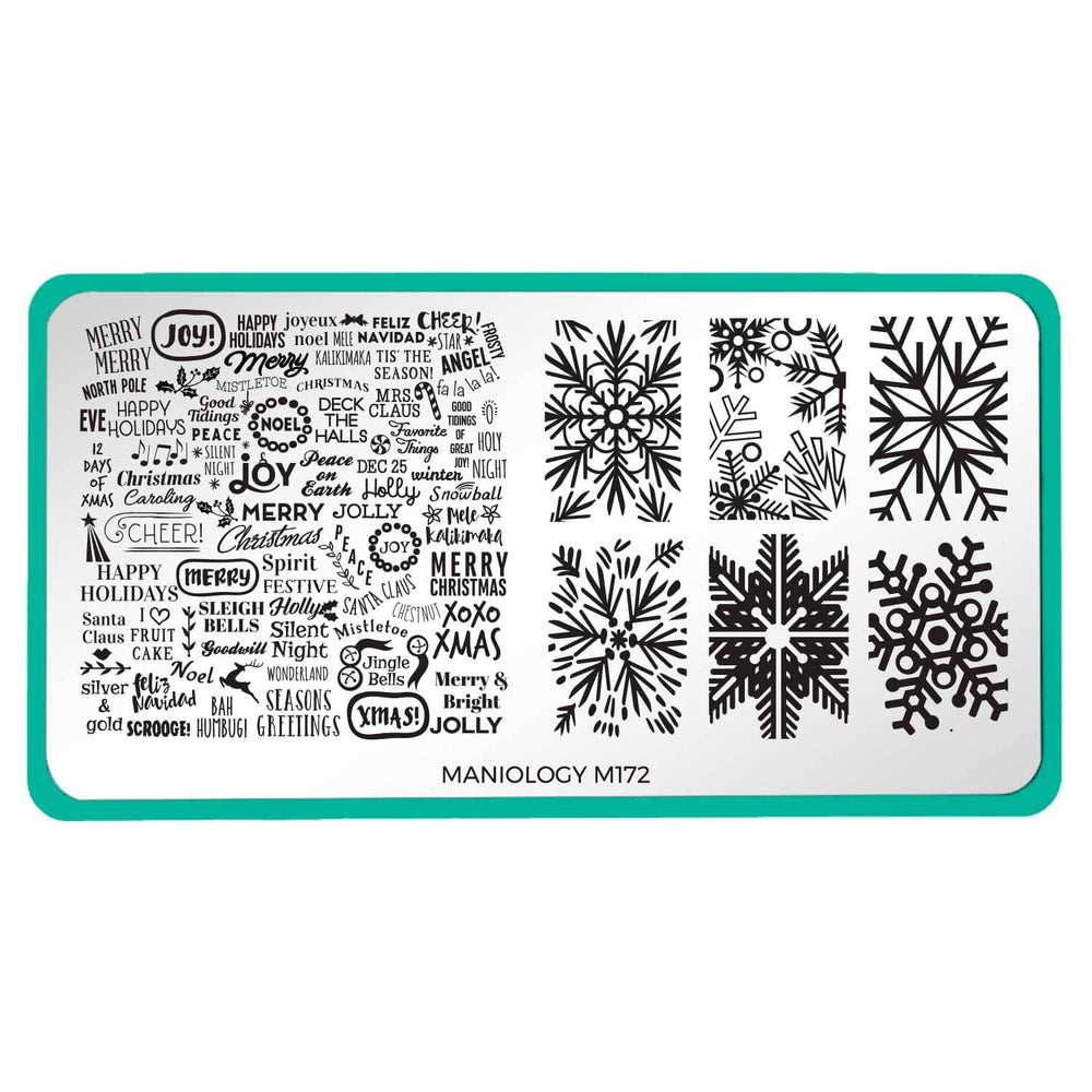 A nail stamping plate with season's greetings and beautiful snowflakes designs by Maniology (m172).