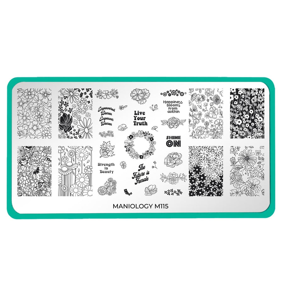  A nail stamping plate with funky full nail flower patterns and cute empowering words designs by Maniology (m115).