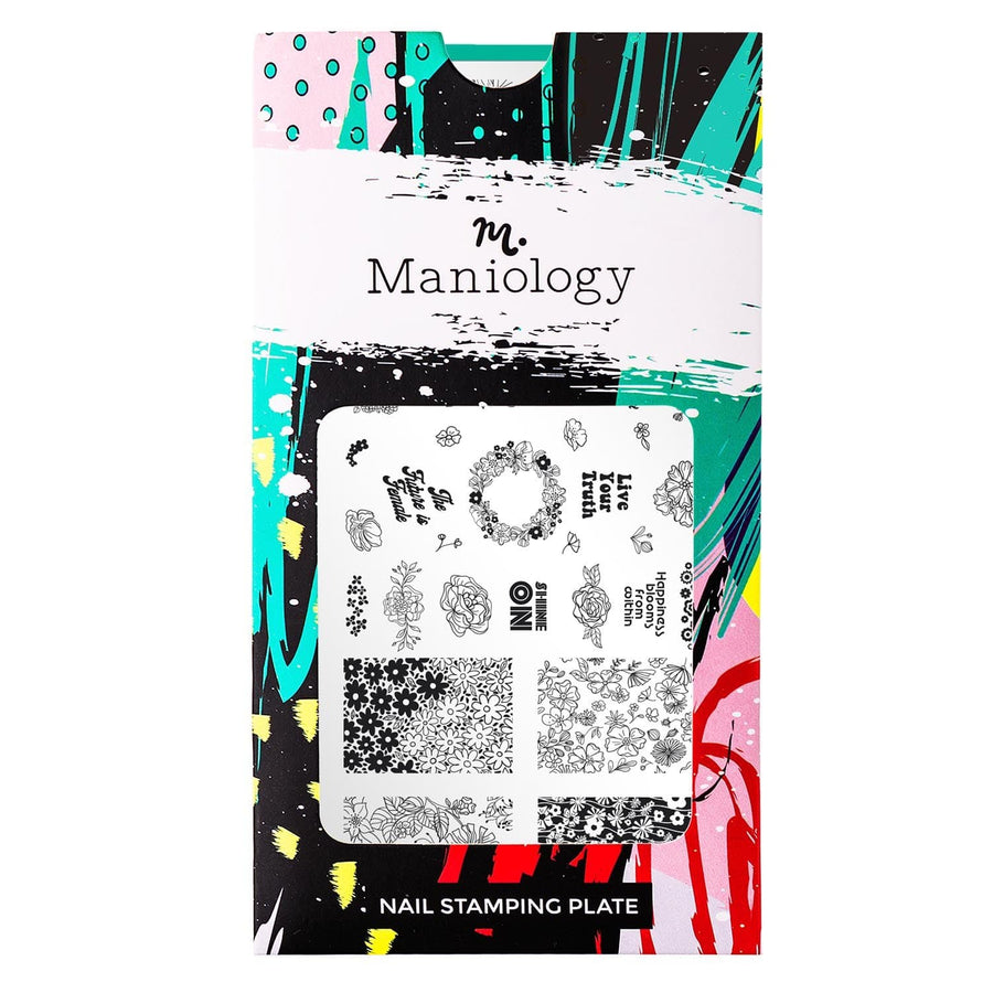   A nail stamping plate with funky full nail flower patterns and cute empowering words designs by Maniology (m115).
